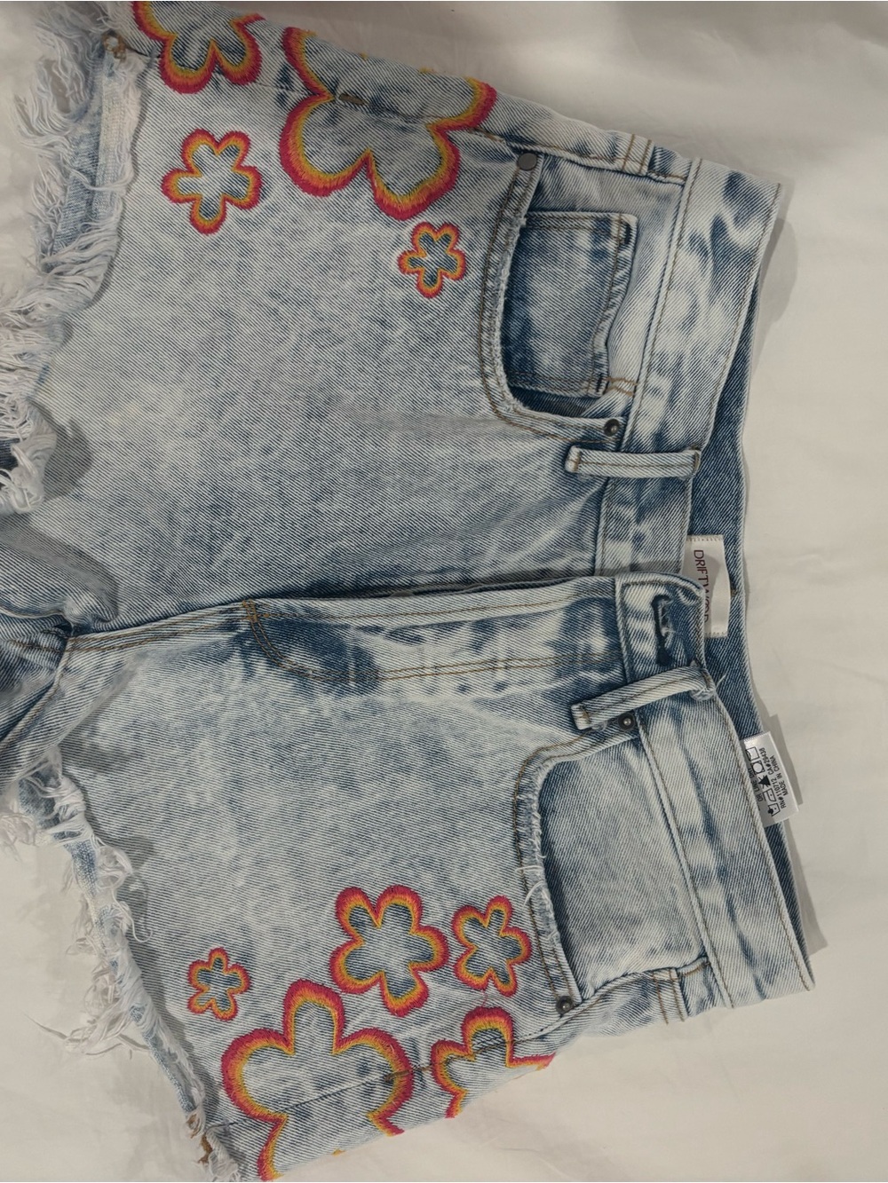 DRIFTWOOD Light Wash Denim Shorts with Rainbow Flower Appliqués